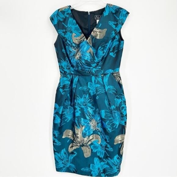 Alex Evenings Blue and Gold Floral Dress Size 6 Holiday Cocktail Wedding Party - Picture 1 of 5